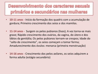 • 10-11 anos - Início da formação dos quadris com a acumulação de
gordura; Primeiro crescimento dos seios e dos mamilos.
• 11-14 anos - Surgem os pelos pubianos (lisos); A voz torna-se mais
grave; Rápido crescimento dos ovários, da vagina, do útero e dos
lábios da genitália; Os pelos pubianos tornam-se crespos; Idade do
"salto de crescimento", os seios começam a tomar forma;
Amadurecimento dos óvulos: menarca (primeira menstruação)
• 14-16 anos - Crescimento dos pelos axilares, os seios adquirem a
forma adulta (estágio secundário)
 