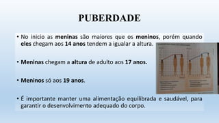 PUBERDADE
• No inicio as meninas são maiores que os meninos, porém quando
eles chegam aos 14 anos tendem a igualar a altura.
• Meninas chegam a altura de adulto aos 17 anos.
• Meninos só aos 19 anos.
• É importante manter uma alimentação equilibrada e saudável, para
garantir o desenvolvimento adequado do corpo.
 