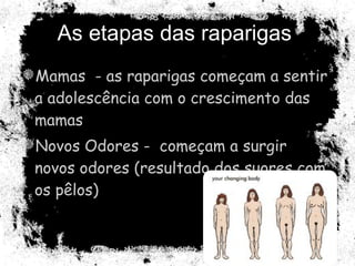 As etapas das raparigas  Mamas  - as raparigas começam a sentir a adolescência com o crescimento das mamas Novos Odores -  começam a surgir  novos odores (resultado dos suores com os pêlos)  