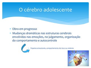 O cérebro adolescente


 Obra em progresso
 Mudanças dramáticas nas estruturas cerebrais
  envolvidas nas emoções, no julgamento, organização
  do comportamento e autocontrole

              Ímpetos emocionais, comportamento de risco ou violento
 