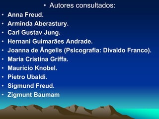 • Autores consultados:
• Anna Freud.
• Arminda Aberastury.
• Carl Gustav Jung.
• Hernani Guimarães Andrade.
• Joanna de Ângelis (Psicografia: Divaldo Franco).
• Maria Cristina Griffa.
• Maurício Knobel.
• Pietro Ubaldi.
• Sigmund Freud.
• Zigmunt Baumam
 