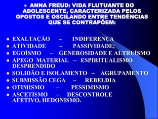  ANNA FREUD: VIDA FLUTUANTE DO
ADOLESCENTE, CARACTERIZADA PELOS
OPOSTOS E OSCILANDO ENTRE TENDÊNCIAS
QUE SE CONTRAPÕEM:
 EXALTAÇÃO – INDIFERENÇA
 ATIVIDADE – PASSIVIDADE;
 EGOÍSMO – GENEROSIDADE E ALTRUÍSMO
 APEGO MATERIAL – ESPIRITUALISMO
DESPRENDIDO
 SOLIDÃO E ISOLAMENTO – AGRUPAMENTO
 SUBMISSÃO CEGA – REBELDIA
 OTIMISMO – PESSIMISMO
 ASCETISMO – DESCONTROLE
AFETIVO, HEDONISMO.
 