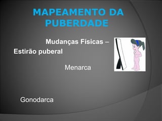 MAPEAMENTO DA
PUBERDADE
Mudanças Físicas –
Estirão puberal
Menarca
Gonodarca
 
