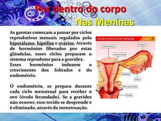 Por dentro do corpo
Nas Meninas
As garotas começam a passar por ciclos
reprodutivos mensais regulados pelo
hipotálamo, hipófise e ovários. Através
de hormônios liberados por estas
glândulas, esses ciclos preparam o
sistema reprodutor para a gravidez.
Esses hormônios induzem o
crescimento dos folículos e do
endométrio.
O endométrio, se prepara durante
cada ciclo menstrual para receber o
ovo (óvulo fecundado). Se a gravidez
não ocorrer, esse tecido se desprende e
é eliminado, através da menstruação.
 