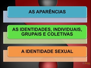 AS APARÊNCIAS


AS IDENTIDADES, INDIVIDUAIS,
    GRUPAIS E COLETIVAS


   A IDENTIDADE SEXUAL
 
