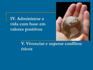 IV. Administrar a vida com base em valores positivos V. Vivenciar e superar conflitos éticos 