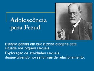 Adolescência para Freud Estágio genital em que a zona erógena está situada nos órgãos sexuais. Exploração de atividades sexuais, desenvolvendo novas formas de relacionamento. 