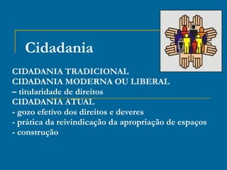Cidadania CIDADANIA TRADICIONAL CIDADANIA MODERNA OU LIBERAL –  titularidade de direitos CIDADANIA ATUAL - gozo efetivo dos direitos e deveres - prática da reivindicação da apropriação de espaços - construção 