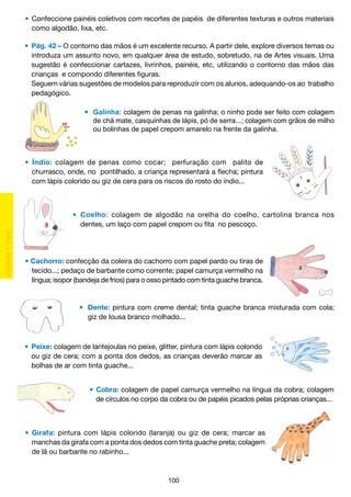 •	 Confeccione painéis coletivos com recortes de papéis de diferentes texturas e outros materiais
		 como algodão, lixa, etc.
	 •	 Pág. 42 – O contorno das mãos é um excelente recurso. A partir dele, explore diversos temas ou
		 introduza um assunto novo, em qualquer área de estudo, sobretudo, na de Artes visuais. Uma
		 sugestão é confeccionar cartazes, livrinhos, painéis, etc, utilizando o contorno das mãos das
		 crianças e compondo diferentes figuras.
		 Seguem várias sugestões de modelos para reproduzir com os alunos, adequando-os ao trabalho
		 pedagógico.

	
	

	 Galinha: colagem de penas na galinha; o ninho pode ser feito com colagem
	 de chá mate, casquinhas de lápis, pó de serra...; colagem com grãos de milho
	 ou bolinhas de papel crepom amarelo na frente da galinha.

• Índio: colagem de penas como cocar; perfuração com palito de
		 churrasco, onde, no pontilhado, a criança representará a flecha; pintura
		 com lápis colorido ou giz de cera para os riscos do rosto do índio...

•	 Coelho: colagem de algodão na orelha do coelho, cartolina branca nos
	 dentes, um laço com papel crepom ou fita no pescoço.

• Cachorro: confecção da coleira do cachorro com papel pardo ou tiras de
		 tecido...; pedaço de barbante como corrente; papel camurça vermelho na
		 língua; isopor (bandeja de frios) para o osso pintado com tinta guache branca.

	

•	 Dente: pintura com creme dental; tinta guache branca misturada com cola;
	
giz de lousa branco molhado...

•	 Peixe: colagem de lantejoulas no peixe, glitter, pintura com lápis colorido
		 ou giz de cera; com a ponta dos dedos, as crianças deverão marcar as
		 bolhas de ar com tinta guache...
• 	Cobra: colagem de papel camurça vermelho na língua da cobra; colagem
	
de círculos no corpo da cobra ou de papéis picados pelas próprias crianças...

•	 Girafa: pintura com lápis colorido (laranja) ou giz de cera; marcar as
		 manchas da girafa com a ponta dos dedos com tinta guache preta; colagem
		 de lã ou barbante no rabinho...

100

 