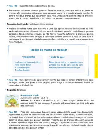 •	 Pág. 130 – Sugestão de brincadeira: Caixa da rima.
•	 Prepare uma caixa com diversas palavras. Sentadas em roda, com uma música ao fundo, as
		 crianças vão passando a caixa umas para as outras (como na brincadeira batata quente). Ao
		 parar a música, a criança que estiver com caixa retira uma palavra que será lida pelo professor
		 em voz alta. A criança deverá falar outra palavra que termine com o mesmo som.
•	 Sugestão de atividade: modelagem com massinha.
•
		
		
		
		
		

Modelar diferentes frutas com massinha é uma boa opção para dar continuidade ao tema
explorando o sistema multissensorial, pois a manipulação da massinha possibilita uma gama de
sensações táteis, olfativas e visuais. Se não houver massinha suficiente, o professor poderá
fazê-la, seu preparo é uma atração à parte que também pode ser o foco de uma aula. A
modelagem é também uma atividade que estimula a criatividade, a motricidade e o controle da
força muscular.

Receita de massa de modelar
• Ingredientes
- ½ xícaras de farinha de trigo.	
- meia xícara de sal.
- 1 xícara de água.
- 1 colher de óleo.

• Modo de fazer
	
Basta juntar todos os ingredientes e
amassá-los. Pode ser colorida com
corante comestível ou suco em pó.

	 •	 Pág. 133 – Plante sementes de alpiste em um potinho que pode ser pintado anteriormente pelas
		 crianças, cada uma pinta o seu próprio pote. Faça o acompanhamento diário do
		 desenvolvimento do alpiste
•	 Sugestão de leitura:
A semente e o fruto
Autor: Eunice Braido – Ed. FTD
Sinopse: Sob a terra, a sementinha acordou querendo água. Inchou, inchou até
aparecer a raizinha que cresceu... A semente se transforma em um lindo fruto. Veja
isso acontecer.
	 •	 Pág. 137 – Peça aos alunos para trazerem caixas vazias de leite longa vida, devidamente
		 higienizadas. Explore as características das caixas como: cores, forma, números de lados,
		 cantos (vértices), o que está escrito, enfim, esgote todas as possibilidades, forme grupos com as
		 possíveis caixas iguais que possam aparecer. Proponha que as crianças observem as caixas
		 e tentem reproduzir a que mais lhes chamou atenção. Depois de concluir a atividade, seria
		 interessante encapar as caixas com a participação dos alunos, confeccionando blocos
		 coloridos para que eles possam brincar.
111

 