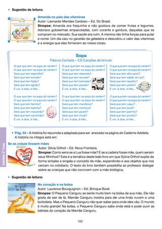 •	 Sugestão de leitura:
Amanda no país das vitaminas
Autor: Leonardo Mendes Cardoso – Ed. Do Brasil.
Sinopse: Amanda era fraquinha e não gostava de comer frutas e legumes.
Adorava guloseimas empacotadas, com corante e gordura, daquelas que se
compram no mercado. Sua saúde era ruim. A menina não tinha forças para pular
e correr. Um dia caiu no gavetão da geladeira e descobriu o valor das vitaminas
e a energia que elas fornecem ao nosso corpo.

Sopa
Palavra Cantada – CD Canções de brincar.
O que que tem na sopa do neném?
O que que tem na sopa do neném?
Será que tem espinafre?
Será que tem tomate?
Será que tem feijão?
Será que tem agrião?
É um, é dois, é três...

O que que tem na sopa do neném?
O que que tem na sopa do neném?
Será que tem rabanete?
Será que tem sorvete?
Será que tem berinjela?
Será que tem panela?
É um, é dois, é três...

O que que tem na sopa do neném?
O que que tem na sopa do neném?
Será que tem alho-poró?
Será que tem sabão em pó?
Será que tem repolho?
Será que tem piolho?
É um, é dois, é três...

O que que tem na sopa do neném?
O que que tem na sopa do neném?
Será que tem farinha?
Será que tem balinha?
Será que tem macarrão?
Será que tem caminhão?
É um, é dois, é três...

O que que tem na sopa do neném?
O que que tem na sopa do neném?
Será que tem mandioca?
Será que tem minhoca?
Será que tem jacaré?
Será que tem chulé?
É um, é dois, é três...

O que que tem na sopa do neném?
O que que tem na sopa do neném?
Será que tem caqui?
Será que tem javali?
Será que tem palmito?
Será que tem pirulito?
É um, é dois, é três...

	 •	 Pág. 54 – A história foi resumida e adaptada para ser anexada na página do Caderno Adoleta. 	
		 A história na íntegra está em:
Se as coisas fossem mães
Autor: Silvia Orthof – Ed. Nova Fronteira.
Sinopse: Como seria se a Lua fosse mãe? E se a cadeira fosse mãe, quem seriam
seus filhinhos? Esta é a temática deste belo livro em que Sylvia Orthof expõe de
forma simples e singela o conceito de mãe, expandindo-o aos objetos que nos
cercam no cotidiano. O texto do livro também possibilita ao professor dialogar
sobre as crianças que não convivem com a mãe biológica.
•	 Sugestão de leitura:
No coração e na bolsa
Autor: Laurence Bourguignon – Ed. Brinque Book
Sinopse: O Pequeno Canguru se sente muito bem na bolsa de sua mãe. Ele não
gosta de sair de lá. Mamãe Canguru mostra para ele uma linda nuvem e uma
borboleta. Mas o Pequeno Canguru não quer saber para onde eles vão. O mundo
é muito grande! Na bolsa, o Pequeno Canguru sabe onde está e pode ouvir as
batidas do coração da Mamãe Canguru.
122

 