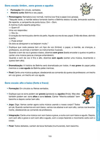 Sons vocais: timbre , sons graves e agudos
	 •	 	 Formação: Em círculo, sentados.
	 •	 	 História curta: Belinha e seu papai.
	 •	 Personagens: Narradora (voz normal), menina (voz fina) e papai (voz grossa).
		 “Naquela tarde, a mamãe estava tomando banho e Belinha estava na sala, brincando sozinha.
		 De repente, a campainha da porta tocou: Dim – Dom.
		 A menina muito esperta perguntou:
		 — Quem é?
		 Uma voz respondeu:
		 — Sou eu.
		 O coração da menina pulou dentro do peito. Aquela voz era do seu papai. Então ela disse, abrindo
		 a porta:
		 — Pode entrar!
		 Os dois se abraçaram e se beijaram muito.”
	 •	 Explique que cada pessoa tem um tipo de voz (timbre): o papai, a mamãe, as crianças, a
		 professora, os animais e também os instrumentos musicais.
		 Quando o som da voz é grosso e baixo, dizemos som grave (basta encostar o queixo no peito e
		 cantar uma música para as crianças entenderem).
		 Quando o som da voz é fino e alto, dizemos som agudo (cantar uma música, levantando o
		 queixo bem alto).
	 •	 Dramatização: A história de Belinha será dramatizada por todos. A voz grave do papai pelos
		 meninos e a voz aguda da Belinha pelas meninas.
	
	 •	 Final: Cante uma música qualquer, obedecendo ao comando do queixo da professora: um trecho
		 em voz grave, um trecho em voz aguda.

Sons vocais: alto e baixo (forte e fraco)
	 •	 Formação: Em círculos ou fileiras sentados.
	 •	 Explique que os sons podem ser graves (grossos) ou agudos (finos). Mas eles
		 também podem ser: sons altos e sons baixos. Cantar “Marcha soldado” bem
		 baixinho e depois cantar bem alto.
	 •	 Jogo: Diga: Vamos cantar agora outra música usando o nosso corpo? Todos
		 em pé. Quando cantarmos em som baixo, vamos nos abaixar e em som alto, vamos nos levantar.
		 Cante, obedecendo ao comando da professora.
	 •	 Integração: Cante uma música com som baixo e grave, e outra com som baixo e agudo. Depois,
		 com som alto e grave e com som alto e agudo, com o corpo fazendo o movimento certo com o
		 corpo.
	 •	 Final: Todos deitados, cantam de boca fechada (murmurando), bem baixinho.

153

 