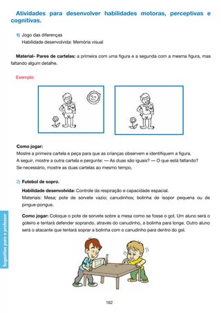 Atividades para desenvolver habilidades motoras, perceptivas e
cognitivas.
1)	 Jogo das diferenças
	

Habilidade desenvolvida: Memória visual

Material- Pares de cartelas: a primeira com uma figura e a segunda com a mesma figura, mas
faltando algum detalhe.
Exemplo:

Como jogar:
Mostre a primeira cartela e peça para que as crianças observem e identifiquem a figura.
A seguir, mostre a outra cartela e pergunte: — As duas são iguais? — O que está faltando?
Se necessário, mostre as duas cartelas ao mesmo tempo.
2)	 Futebol de sopro.
	 Habilidade desenvolvida: Controle da respiração e capacidade espacial.
	 Materiais: Mesa; pote de sorvete vazio; canudinhos; bolinha de isopor pequena ou de
	

pingue-pongue.
	 Como jogar: Coloque o pote de sorvete sobre a mesa como se fosse o gol. Um aluno será o

	

goleiro e tentará defender soprando, através do canudinho, a bolinha para longe. Outro aluno

	

será o atacante que tentará soprar a bolinha com o canudinho para dentro do gol.

162

 