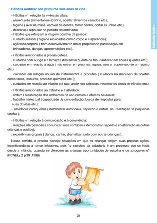 Hábitos a educar nos primeiros seis anos de vida
- Hábitos em relação às vivências vitais:
. alimentação (alimentar-se sozinho, aceitar alimentos variados etc.);
. higiene ( lavar as mãos, escovar os dentes, tomar banho, cortar as unhas etc.);
. descanso ( repousar no período determinado).
- Hábitos que reforçam a imagem positiva da pessoa:
. cuidado pessoal ( higiene e cuidados com o corpo e a aparência );
. agilidade corporal ( bom desenvolvimento motor propiciando participação em
brincadeiras, danças, apresentações etc.).
- Hábitos relacionados à própria defesa:
. cuidados com o fogo e a fumaça ( diferenciar quente de frio, não tocar em coisas quentes etc.);
. cuidados em relação à água ( não entrar em piscinas, lagoas, sem a supervisão de um adulto
etc.);
. cuidados em relação ao uso de instrumentos e produtos ( cuidados no manuseio de objetos
como facas, tesouras, produtos químicos etc. );
. cuidados em relação ao trânsito e à rua ( andar nas calçadas, respeitar os sinais de trânsito etc.).
- Hábitos relacionados ao trabalho e à atividade:
. ordem ( organização dos ambientes de uso comum e objetos pessoais);
. trabalho intelectual ( capacidade de concentração, busca de respostas para
suas dúvidas etc.);
. atividades corriqueiras ( demonstrar autonomia, capricho e ordem na realização de pequenas
tarefas ).
- Hábitos em relação à comunicação e à convivência:
. relações interpessoais ( comunicar suas vontades e demonstrar respeito e colaboração às outras
crianças e adultos);
. experiências grupais ( dançar, cantar, dramatizar junto com outras crianças ).
Nesse sentido, é preciso planejar situações em que as crianças dirijam suas próprias ações,
incentivando-as a tomar iniciativas, pois “o exercício da cidadania é um processo que se inicia
desde a infância, quando se oferecem às crianças oportunidades de escolha e de autogoverno”
(RCNEI,v.2 p.39 ,1998)

29

 