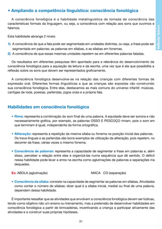 • Ampliando a competência linguística: consciência fonológica
A consciência fonológica é a habilidade metalinguística de tomada de consciência das
características formais da linguagem, ou seja, a consciência com relação aos sons que ouvimos e
falamos.
Esta habilidade abrange 2 níveis:
1)	 A consciência de que a fala pode ser segmentada em unidades distintas, ou seja, a frase pode ser
	 segmentada em palavras; as palavras em sílabas, e as sílabas em fonemas.
2)	 A consciência de que essas mesmas unidades repetem-se em diferentes palavras faladas.
Os resultados em diferentes pesquisas têm apontado para a relevância do desenvolvimento da
consciência fonológica para a aquisição da leitura e da escrita, uma vez que é ela que possibilita a
reflexão sobre os sons que devem ser representados graficamente.
A consciência fonológica desenvolve-se na relação das crianças com diferentes formas de
expressão oral. Diferentes formas linguísticas a que as crianças são expostas vão construindo
sua consciência fonológica. Entre elas, destacamos as mais comuns do universo infantil: músicas,
cantigas de roda, poesias, parlendas, jogos orais e a própria fala.

Habilidades em consciência fonológica
•	 Rima: representa a combinação do som final de uma palavra. A equidade deve ser sonora e não
	
necessariamente gráfica, por exemplo, as palavras OSSO E PESCOÇO rimam, pois o som em
	
que terminam é igual, independente da forma ortográfica.
•	 Aliteração: representa a repetição da mesma sílaba ou fonema na posição inicial das palavras.
	 Os trava-línguas e as parlendas são bons exemplos de utilização da aliteração, pois repetem, no
	
decorrer da frase, várias vezes o mesmo fonema.
•	 Consciência de palavras: representa a capacidade de segmentar a frase em palavras e, além
	
disso, perceber a relação entre elas e organizá-las numa sequência que dê sentido. O déficit
	
nessa habilidade pode levar a erros na escrita como aglutinações de palavras e separações ina
	
dequadas.
Ex: ABOLA (aglutinação)

MACA CO (separação)

•	 Consciência da sílaba: consiste na capacidade de segmentar as palavras em sílabas. Atividades
	
como contar o número de sílabas; dizer qual é a sílaba inicial, medial ou final de uma palavra,
	
dependem dessa habilidade.
	
É importante ressaltar que as atividades que envolvem a consciência fonológica devem ser lúdicas,
tendo como objetivo não um ensino ou treinamento, mas a pretensão de desenvolver habilidades em
consciência fonológica a partir de brincadeiras, incentivando a criança a participar ativamente das
atividades e a construir suas próprias hipóteses.
31

 