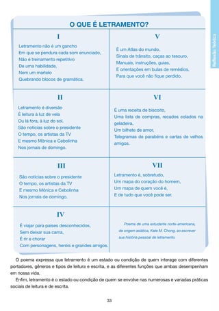 O QUE É LETRAMENTO?

I

V

Letramento não é um gancho
Em que se pendura cada som enunciado,
Não é treinamento repetitivo
De uma habilidade,
Nem um martelo
Quebrando blocos de gramática.

É um Atlas do mundo,
Sinais de trânsito, caças ao tesouro,
Manuais, instruções, guias,
E orientações em bulas de remédios,
Para que você não fique perdido.

II

VI

Letramento é diversão
É leitura à luz de vela
Ou lá fora, à luz do sol.
São notícias sobre o presidente
O tempo, os artistas da TV
E mesmo Mônica e Cebolinha
Nos jornais de domingo.

É uma receita de biscoito,
Uma lista de compras, recados colados na
geladeira,
Um bilhete de amor,
Telegramas de parabéns e cartas de velhos
amigos.

VII

III

Letramento é, sobretudo,
Um mapa do coração do homem,
Um mapa de quem você é,
E de tudo que você pode ser.

São notícias sobre o presidente
O tempo, os artistas da TV
E mesmo Mônica e Cebolinha
Nos jornais de domingo.

IV
É viajar para países desconhecidos,
Sem deixar sua cama,
É rir e chorar
Com personagens, heróis e grandes amigos.

Poema de uma estudante norte-americana,
de origem asiática, Kate M. Chong, ao escrever
sua história pessoal de letramento.

O poema expressa que letramento é um estado ou condição de quem interage com diferentes
portadores, gêneros e tipos de leitura e escrita, e as diferentes funções que ambas desempenham
em nossa vida.
Enfim, letramento é o estado ou condição de quem se envolve nas numerosas e variadas práticas
sociais de leitura e de escrita.
33

 