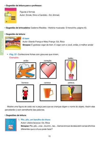 • Sugestão de leitura para o professor:
Figuras e formas
Autor: Smole, Diniz e Candido – Ed. Artmed.

• Sugestão de brincadeira: Caderno Risoleta - História musicada- O trenzinho, página 43.
• Sugestão de leitura:

Adoletinha

O trem
Autor: Eliardo França e Mary França- Ed. Ática
Sinopse: É gostoso viajar de trem. E viajar com o vovô, então, é melhor ainda!

•	 Pág. 37- Confeccione fichas com gravuras que rimem.
	 Exemplos:
avião                            coração           

balão,

boneca                            caneca                               peteca.

Mostre uma figura de cada vez e peça para que as crianças digam o nome do objeto. Assim elas
perceberão o som semelhante das palavras.
• Sugestões de leitura:
1) 	 Plic, plic, um barulho da chuva
    	 Autor: Liliana Iacocca- Ed. Ática
    	 Sinopse: Plic, plic...crac...brumm...tac... Vamos brincar de descobrir os barulhinhos
	

	

diferentes que a chuva pode fazer?
72

 