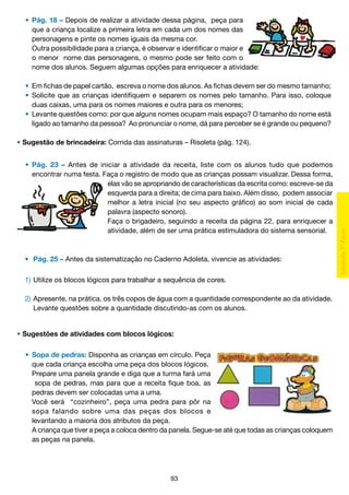 •	 Pág. 18 – Depois de realizar a atividade dessa página, peça para
		 que a criança localize a primeira letra em cada um dos nomes das
		 personagens e pinte os nomes iguais da mesma cor.
		 Outra possibilidade para a criança, é observar e identificar o maior e
		 o menor nome das personagens, o mesmo pode ser feito com o
		 nome dos alunos. Seguem algumas opções para enriquecer a atividade:
	 •	 Em fichas de papel cartão, escreva o nome dos alunos. As fichas devem ser do mesmo tamanho;
	 •	 Solicite que as crianças identifiquem e separem os nomes pelo tamanho. Para isso, coloque
		 duas caixas, uma para os nomes maiores e outra para os menores;
	 •	 Levante questões como: por que alguns nomes ocupam mais espaço? O tamanho do nome está
		 ligado ao tamanho da pessoa? Ao pronunciar o nome, dá para perceber se é grande ou pequeno?
• Sugestão de brincadeira: Corrida das assinaturas – Risoleta (pág. 124).
	 •	 Pág. 23 – Antes de iniciar a atividade da receita, liste com os alunos tudo que podemos
		 encontrar numa festa. Faça o registro de modo que as crianças possam visualizar. Dessa forma,
elas vão se apropriando de características da escrita como: escreve-se da
esquerda para a direita; de cima para baixo. Além disso, podem associar
melhor a letra inicial (no seu aspecto gráfico) ao som inicial de cada
palavra (aspecto sonoro).
Faça o brigadeiro, seguindo a receita da página 22, para enriquecer a
atividade, além de ser uma prática estimuladora do sistema sensorial.

	 •	 Pág. 25 – Antes da sistematização no Caderno Adoleta, vivencie as atividades:
	 1)	Utilize os blocos lógicos para trabalhar a sequência de cores.
	
	 2)	Apresente, na prática, os três copos de água com a quantidade correspondente ao da atividade.
		 Levante questões sobre a quantidade discutindo-as com os alunos.
• Sugestões de atividades com blocos lógicos:
	 •	 Sopa de pedras: Disponha as crianças em círculo. Peça
		 que cada criança escolha uma peça dos blocos lógicos.
		 Prepare uma panela grande e diga que a turma fará uma
		 sopa de pedras, mas para que a receita fique boa, as
		 pedras devem ser colocadas uma a uma.
		 Você será “cozinheiro”, peça uma pedra para pôr na
		 sopa falando sobre uma das peças dos blocos e
		 levantando a maioria dos atributos da peça.
		 A criança que tiver a peça a coloca dentro da panela. Segue-se até que todas as crianças coloquem
		 as peças na panela.

93

 