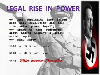 Used popularity from failed
Beer Hall revolution and book
, to seize power legally.
     Spoke to mass audiences
about making Germany a great
nation again.
     Nazi Party :

1930   =   18 %   of    vote

1932   =   30 %   of   vote

1933……Hitler   becomes Chancellor.
 