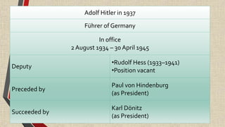 Adolf Hitler in 1937
Führer of Germany
In office
2 August 1934 – 30 April 1945
Deputy
•Rudolf Hess (1933–1941)
•Position vacant
Preceded by
Paul von Hindenburg
(as President)
Succeeded by
Karl Dönitz
(as President)
 
