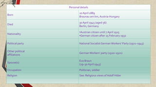 Personal details
Born
20 April 1889
Braunau am Inn, Austria-Hungary
Died
30 April 1945 (aged 56)
Berlin,Germany
Nationality
•Austrian citizen until 7 April 1925
•German citizen after 25 February 1932
Political party National SocialistGerman Workers' Party (1921–1945)
Other political
affiliations
German Workers‘ party (1920–1921)
Spouse(s)
Eva Braun
(29–30 April 1945)
Occupation Politician, soldier
Religion See: Religious views of Adolf Hitler
 