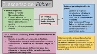 El ascenso del Führer
Al salir de la prisión:
- Reflotó el Partido
Nacionalsocialista
- Expulsó a los que no
compartían sus ideales y a
los que podían hacerle
sombra
- Poco a poco fueron ganando
adeptos
En 1933 fue
nombrado Jefe
de Gobierno por
Hindenburg
Estando ya en la posición del
poder:
- Destruyó el régimen
constitucional e instauró
una dictadura de partido
único con él como máximo
referente.
- Daba comienzo el Tercer
Reich, un régimen totalitario
nacionalista exacerbado y
con la exaltación de la
superioridad racial.
Tras la muerte de Hinderburg, Hitler se proclamó Führer de
Alemania:
- Sometió al ejército a un juramento de fidelidad.
- Todos aquellos que no lo siguieran acabaron muertos o
malheridos en la Noche de los Cuchillos Largos de
1934.
- Se aceptaron las Leyes de Nuremberg que iban
allanando el camino a Hitler para el exterminio
sistemático de los judíos.
Hitler comenzó a entablar lazos fuertes
con otros dictadores europeos como
Mussolini o Franco y mandando tropas a
las contiendas de éstos en sus países, la
antesala y un terreno de prácticas ideal
para la SGM.
 
