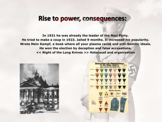 In 1921 he was already the leader of the Nazi Party.
He tried to make a coup in 1923. Jailed 9 months. It increased his popularity.
Wrote Mein Kampf, a book where all your plasma racist and anti-Semitic ideals.
He won the election by deception and false accusations.
<< Night of the Long Knives >> Holocaust and organization

 