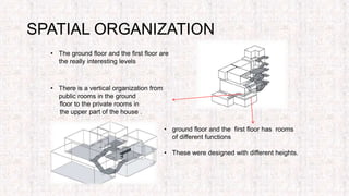 SPATIAL ORGANIZATION
• The ground floor and the first floor are
the really interesting levels
• There is a vertical organization from
public rooms in the ground
floor to the private rooms in
the upper part of the house .
• ground floor and the first floor has rooms
of different functions
• These were designed with different heights.
 