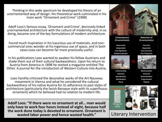 Literary Intervention
Contemporary
Ornamentation
Reduction of
Ornamentation
VS.
Craftsmanship Mechanization
Steady Production Fast Production
Cost-Significant Cost-Conscious
Collective Universal
Specialization Automatization
Resourceful Fast Pace
Independent Dependent
Individualism Programmatic
Plural Singular
Adolf Loos: “If there were no ornament at all… man would
only have to work four hours instead of eight, because half
the work done today is devoted to ornament. Ornament is
wasted labor power and hence wasted health.”
Found much inspiration in his luxurious use of materials, and non-
commercial ones wonder at his ingenious use of space, and in both
cases Loos can become far more practically useful.
Adolf Loos’s famous essay, ‘Ornament and Crime’, decisively linked
unornamented architecture with the culture of modernity and, in so
doing, became one of the key formulations of modern architecture.
Thinking in this wide spectrum he developed his theory of an
unornamented way of design. His theoretical work culminated in his
main work “Ornament and Crime” (1908)
Loos harshly criticised the decorative works of the Art Nouveau
movement in Vienna and what he considered the cultural
backwardness of his native Austria for its adherence to past styles of
architecture (particularly the lavish Baroque style with its superfluous
ornament) which he believed had no relation to modern life.
In his publications Loos wanted to awaken his fellow Austrians and
shake them out of their cultural backwardness. Upon his return to
Austria from America in 1898 he started a magazine entitled The
Other. A journal for the introduction of Western Culture into Austria.
 