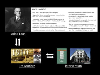 Pre-Modern Intervention
Adolf Loos
WRITER - ARCHITECT
• Born 1870 – Brno, Moravia, Austria-Hungary.
• Opposed to Contemporary Architectural Interventionists
of his time period around 1910.
• Fashion and the Visual Arts interested him.
• Architecture was like dressing to Loos, and one should be
well dressed to reflect their surroundings in a civilized culture.
• Viewed architecture as intimate rather than professional.
• Consider modern life as the foundation of a
new aesthetic interpretation.
• Ornament is a symbol of primitive culture
and a need to abolish it.
• Travelled to United States (1893-1897 )and returned to
Vienna and include himself to the intellectual café society .
• Did not embrace contemporary architecture
and sought to create a Pre-Modern movement.
• Maintained analysis of what architecture was
and what it could do; which was not much.
• valued ethics and importance to the moral role
that architecture has on aesthetics.
 
