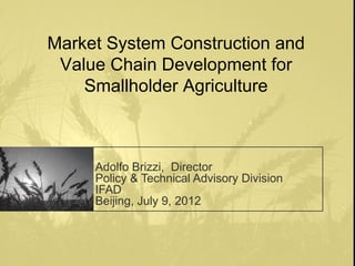 Market System Construction and
 Value Chain Development for
    Smallholder Agriculture



     Adolfo Brizzi, Director
     Policy & Technical Advisory Division
     IFAD
     Beijing, July 9, 2012
 