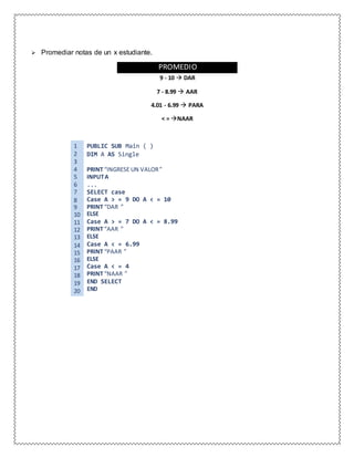  Promediar notas de un x estudiante.
PROMEDIO
9 - 10  DAR
7 - 8.99  AAR
4.01 - 6.99  PARA
< = NAAR
1 PUBLIC SUB Main ( )
2 DIM A AS Single
3
4 PRINT “INGRESE UN VALOR”
5 INPUTA
6 ...
7 SELECT case
8 Case A > = 9 DO A < = 10
9 PRINT “DAR ”
10 ELSE
11 Case A > = 7 DO A < = 8.99
12 PRINT “AAR ”
13 ELSE
14 Case A < = 6.99
15 PRINT “PAAR ”
16 ELSE
17 Case A < = 4
18 PRINT “NAAR ”
19 END SELECT
20 END
 