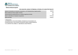 11 Observaciones
LAS DIFERENCIAS EN LA EVOLUCIÓN PATRIMONIAL, PROVIENEN DE LAS VALUACIONES DE LOS
AUTOMOTORES SEGÚN LA TABLA DISPUESTA PARA IMPUESTO SOBRE LOS BIENES PERSONALES
Y EL 5% DISPUESTO POR LA MISMA LEY , COMO BIENES DEL HOGAR PRESUNTOS.-
Ingresos no alcanzados por el impuesto a las ganancias - en IG Total ganancias y/o ingresos exentos 955.699,98
Bienes recibidos por herencia, legado o donación 0,00
Importes deducidos impositivamente que no implican erogaciones de fondos 0,00
Gastos no deducibles en el impuesto a las ganancias 1.577.723,42
Gastos personales 1.080.962,41
Página 6 de 6Fecha de Emisión: 31/05/2016 13:38:35 v: 104
Oficina Anticorrupción
DECLARACION JURADA PATRIMONIAL INTEGRAL DE CARACTER PUBLICO
 