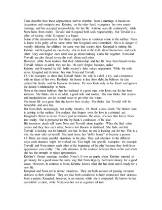 Then describe how these appearances start to crumble. Nora’s marriage is based on
deceptions and manipulation. Kristine, on the other hand, recognizes her own empty
marriage and has accepted responsibility for her life. Kristine sees life realistically, while
Nora hides from reality. Torvald and Krogstad both seek respectability, but Torvald is a
pillar of society, while Krogstad is a forger.
Some of the circumstances that these couples have in common come to the surface. Nora
is found to be guilty of the same crime that Krogstad once committed. She is in danger of
morally infecting her children the same way that society feels Krogstad is ruining his.
Kristine and Krogstad are eventually able to look at the truth about themselves and each
other. They can forgive each other and go about building a new life together. Nora and
Torvald are also forced to see the truth about each other.
However, while Nora realizes that their relationship and her life have been based on lies,
Torvald refuses to admit they are lies. He can’t forgive because, unlike
Kristine and Krogstad, he still holds society’s false values uppermost. While the truth
saves Krogstad and Kristine, lies ruin Nora and Torvald.
12. Cite examples to show that Torvald thinks his wife is a doll, a toy, and a temptress
with no ideas of her own. He thinks his house is free from debt; he believes he can
control his family and his business decisions. He sees Rank only as his friend and ignores
the doctor’s relationship to Nora.
Nora at the outset believes that her husband is a good man who looks out for her best
interests. She thinks she is an adult, a good wife and mother. She also thinks that secrets
and manipulations are the normal ways to get what she wants.
She treats life as a game that she knows how to play. She thinks that Torvald will be
honorable and save her.
But Nora finds increasingly that reality intrudes. Dr. Rank is near death. The hidden loan
is coming to the surface. She realizes that forgery even for love is a criminal act.
Krogstad’s threat to reveal Nora’s past act initiates the series of crises that forces Nora
into reality. She is prepared for this by Rank’s confession of his love.
His imminent death will leave Nora and Torvald alone together. When the final crisis
comes and they face each other, Nora’s last illusion is shattered. She finds out that
Torvald is looking out for himself, not her. In fact, no one is looking out for her. This is a
role she must take on herself. She must leave her “doll’s house” to become a person.
13. There are many parallel situations in the play. They call attention to the different
ways each situation might be worked out. You might cite specific examples- for example,
Torvald and Nora mirror each other at the beginning of the play because they both favor
appearance over reality. This calls attention to the contrast between them at the end when
she has the strength to reject appearances.
Kristine’s former marriage parallels Nora’s. It was an empty sham. Kristine married to
get money for a good cause the same way that Nora illegally borrowed money for a good
cause. However, in contrast to Nora, Kristine knows what she has done and is ready for a
new life.
Krogstad and Nora are in similar situations. They are both accused of passing on moral
sickness to their children. They are also both considered to have contracted their sickness
from a parent. Krogstad, however, is an outcast, while she is respected. He knows he has
committed a crime, while Nora sees her act as a gesture of love.
 