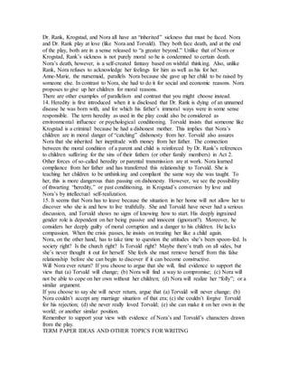 Dr. Rank, Krogstad, and Nora all have an “inherited” sickness that must be faced. Nora
and Dr. Rank play at love (like Nora and Torvald). They both face death, and at the end
of the play, both are in a sense released to “a greater beyond.” Unlike that of Nora or
Krogstad, Rank’s sickness is not purely moral so he is condemned to certain death.
Nora’s death, however, is a self-created fantasy based on wishful thinking. Also, unlike
Rank, Nora refuses to acknowledge her feelings for him as well as his for her.
Anne-Marie, the nursemaid, parallels Nora because she gave up her child to be raised by
someone else. In contrast to Nora, she had to do it for social and economic reasons. Nora
proposes to give up her children for moral reasons.
There are other examples of parallelism and contrast that you might choose instead.
14. Heredity is first introduced when it is disclosed that Dr. Rank is dying of an unnamed
disease he was born with, and for which his father’s immoral ways were in some sense
responsible. The term heredity as used in the play could also be considered as
environmental influence or psychological conditioning. Torvald insists that someone like
Krogstad is a criminal because he had a dishonest mother. This implies that Nora’s
children are in moral danger of “catching” dishonesty from her. Torvald also assures
Nora that she inherited her ineptitude with money from her father. The connection
between the moral condition of a parent and child is reinforced by Dr. Rank’s references
to children suffering for the sins of their fathers (or other family members) in Act 2.
Other forces of so-called heredity or parental transmission are at work. Nora learned
compliance from her father and has transferred this relationship to Torvald. She is
teaching her children to be unthinking and compliant the same way she was taught. To
her, this is more dangerous than passing on dishonesty. However, we see the possibility
of thwarting “heredity,” or past conditioning, in Krogstad’s conversion by love and
Nora’s by intellectual self-realization.
15. It seems that Nora has to leave because the situation in her home will not allow her to
discover who she is and how to live truthfully. She and Torvald have never had a serious
discussion, and Torvald shows no signs of knowing how to start. His deeply ingrained
gender role is dependent on her being passive and innocent (ignorant?). Moreover, he
considers her deeply guilty of moral corruption and a danger to his children. He lacks
compassion. When the crisis passes, he insists on treating her like a child again.
Nora, on the other hand, has to take time to question the attitudes she’s been spoon-fed. Is
society right? Is the church right? Is Torvald right? Maybe there’s truth on all sides, but
she’s never thought it out for herself. She feels she must remove herself from this false
relationship before she can begin to discover if it can become constructive.
Will Nora ever return? If you choose to argue that she will, find evidence to support the
view that (a) Torvald will change; (b) Nora will find a way to compromise; (c) Nora will
not be able to cope on her own without her children; (d) Nora will realize her “folly”; or a
similar argument.
If you choose to say she will never return, argue that (a) Torvald will never change; (b)
Nora couldn’t accept any marriage situation of that era; (c) she couldn’t forgive Torvald
for his rejection; (d) she never really loved Torvald; (e) she can make it on her own in the
world; or another similar position.
Remember to support your view with evidence of Nora’s and Torvald’s characters drawn
from the play.
TERM PAPER IDEAS AND OTHER TOPICS FOR WRITING
 