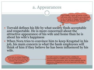a. Appearances
                                                                “Don’t laugh. I mean, of course, a time
                                                                will come when Torvald is not as devoted
                                                                to me, not quite so happy when I dance
                                                                for him, and dress for him, and play with
                                                                him.”


 Torvald defines his life by what society finds acceptable
  and respectable. He is more concerned about the
  attractive appearance of his wife and home than he is
  about his wife's happiness
 When Nora tries to convince him to keep Krogstad in his
  job, his main concern is what the bank employees will
  think of him if they believe he has been influenced by his
  wife.
  From now on, forget happiness.          Torvald’s reaction to Krogstad’s letter solidifies his
   Now it’s just about saving the         characterization as a shallow man concerned first and
    remains, the wreckage, the            foremost with appearances. Here, he states explicitly that the
            appearance.                   appearance of happiness is far more important to him than
                                          happiness itself.
 