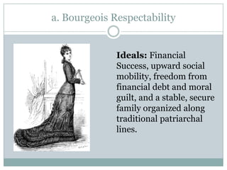 a. Bourgeois Respectability


              Ideals: Financial
              Success, upward social
              mobility, freedom from
              financial debt and moral
              guilt, and a stable, secure
              family organized along
              traditional patriarchal
              lines.
 