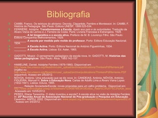 Bibliografia
CAMBI, Franco. Os teóricos do ativismo: Decroly, Claparède, Ferrière e Montessori. In: CAMBI, F.
História da Pedagogia. São Paulo: Editora UNESP, 1999:525-534.
FERRIÈRE, Adolphe. Transformemos a Escola. Apelo aos pais e às autoridades. Tradução de
Álvaro Viena de Lemos e J. Ferreira da Costa. Paris: Livraria Francesa e Estrangeira. 1928.
________. A lei biogenética e a escola ativa. Prefácio de M. B. Lourenço Filho. São Paulo:
Editora Companhia Melhoramentos, 1929.
________. A escola por medida pelo molde do professor. Porto: Editora Educação Nacional,
1934.
________. A Escola Activa. Porto: Editora Nacional de António Figueirinhas, 1934.
________. A Escola Activa. Lisboa: Ed. Aster, 1965.

GADOTTI, Moacir. O pensamento pedagógico da escola nova. In: GADOTTI, M. Histórias das
ideias pedagógicas. São Paulo: Ática, 1993:142-157.

HAMELINE, Daniel. Adolphe Ferrière (1879-1960). Disponível em
http://www.ibe.unesco.org/fileadmin/user_upload/archive/publications/ThinkersPdf/ferriere.pdf
(inglês) ou
http://www.ibe.unesco.org/fileadmin/user_upload/archive/publications/ThinkersPdf/ferrieres.PDF
(espanhol). Acesso em 2/5/2012.
NÓVOA, António. Uma educação que se diz nova. In: CANDEIAS, António; NÓVOA, António;
FIGUEIRA, Manuel H. Sobre a Educação Nova: Cartas de Adolfo Lima a Álvaro Viana Lopes
(1932-1941). Lisboa: Educa, 1995.
______. Relação Sociedade/Escola: novas propostas para um velho problema. Disponível em:
http://www.acervodigital.unesp.br/bitstream/123456789/24/3/EdSoc_Rela%C3%A7%C3%A3o_escola_sociedade.pdf
 Acessado em 10/05/2012.
PERES, Eliane Teresinha. O diabo inventou a escola? A escola ativa na visão de Adolphe Ferrière.
In: 25ª Reunião Anual da Associação Nacional de Pós-graduação e Pesquisa em Educação.
Caxambu: ANPEd, 2002. Disponível em: www.anped.org.br/reunioes/25/elianeteresinhaperest02.rtf
. Acesso em 3/5/2012.
 