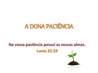 A DONA PACIÊNCIA
Na vossa paciência possuí as vossas almas.
Lucas 21:19
 