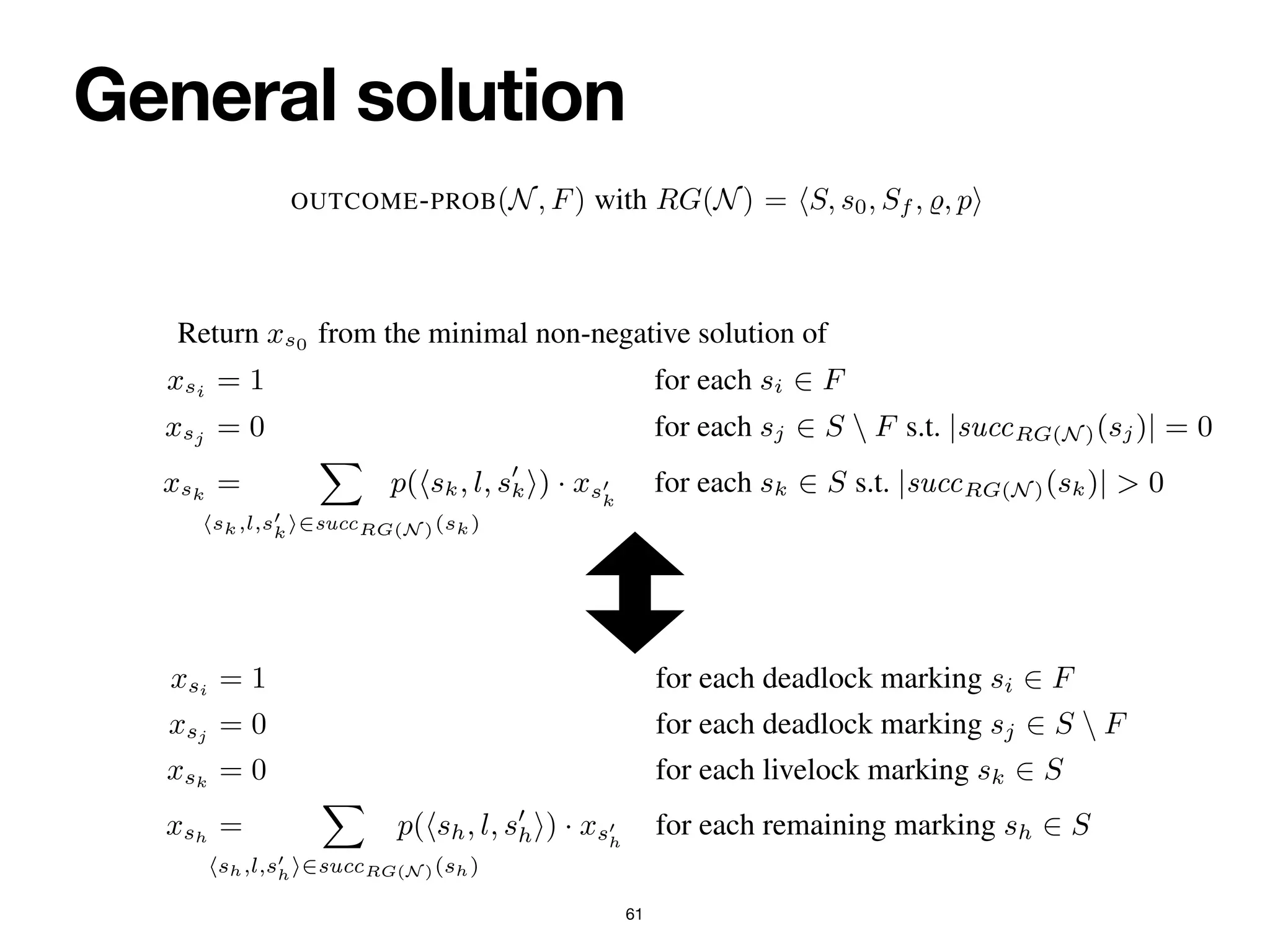 General solution
61
si
corresponds to a final marking, otherwise xsi = 0 (witnessing that F cannot be
reached);
Inductive case if s has at least one successor, then its variable is equal to sum of the
state variables of its successor states, weighted by the transition probability to
move to that successor.
Formally, OUTCOME-PROB(N, F) with RG(N) = hS, s0, Sf , %, pi gets encoded into
the following linear optimisation problem EF
N :
Return xs0 from the minimal non-negative solution of
xsi = 1 for each si 2 F (1)
xsj = 0 for each sj 2 S  F s.t. |succRG(N )(sj)| = 0 (2)
xsk =
X
hsk,l,s0
k
i2succRG(N )(sk)
p(hsk, l, s0
ki) · xs0
k
for each sk 2 S s.t. |succRG(N )(sk)| > 0 (3)
Base case if s has no successor states (i.e., is a deadlock marking), then xsi = 1 if s
corresponds to a final marking, otherwise xsi = 0 (witnessing that F cannot be
reached);
Inductive case if s has at least one successor, then its variable is equal to sum of the
state variables of its successor states, weighted by the transition probability to
move to that successor.
Formally, OUTCOME-PROB(N, F) with RG(N) = hS, s0, Sf , %, pi gets encoded into
the following linear optimisation problem EF
N :
Return xs0 from the minimal non-negative solution of
xsi = 1 for each si 2 F (1
xsj = 0 for each sj 2 S  F s.t. |succRG(N )(sj)| = 0 (2
xsk =
X
hsk,l,s0
k
i2succRG(N )(sk)
p(hsk, l, s0
ki) · xs0
k
for each sk 2 S s.t. |succRG(N )(sk)| > 0 (3
10 Sander J.J. Leemans et al.
Example 3 illustrates how the technique implicitly gets rid of livelock markings,
associating to them a 0 probability. This captures the essential fact that, by definition,
a livelock marking can never reach any final marking. More in general, we can in fact
solve OUTCOME-PROB(N, F) by turning the linear optimisation problem EF
N into the
following system of equalities, which is guaranteed to have exactly one solution:
xsi
= 1 for each deadlock marking si 2 F (4)
xsj
= 0 for each deadlock marking sj 2 S  F (5)
xsk
= 0 for each livelock marking sk 2 S (6)
xsh
=
X
hsh,l,s0
hi2succRG(N )(sh)
p(hsh, l, s0
hi) · xs0
h
for each remaining marking sh 2 S (7)
Recall that checking whether a marking s is livelock can be done over RG(N) by
 
