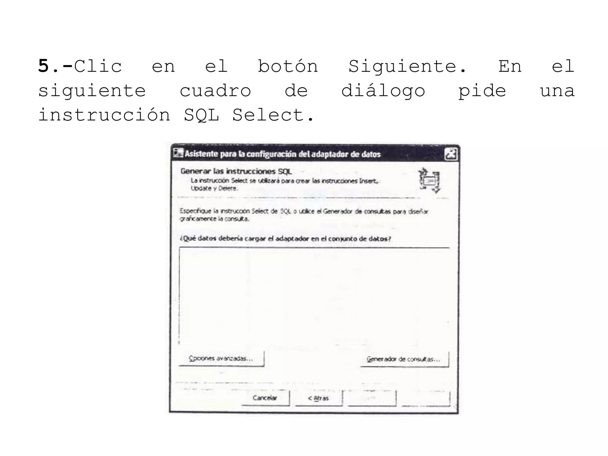 5.-Clic en el botón Siguiente. En el
siguiente cuadro de diálogo pide una
instrucción SQL Select.
 
