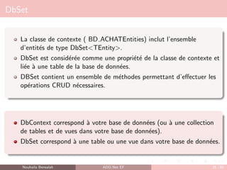 DbSet
La classe de contexte ( BD ACHATEntities) inclut l’ensemble
d’entités de type DbSet<TEntity>.
DbSet est considérée comme une propriété de la classe de contexte et
liée à une table de la base de données.
DBSet contient un ensemble de méthodes permettant d’effectuer les
opérations CRUD nécessaires.
DbContext correspond à votre base de données (ou à une collection
de tables et de vues dans votre base de données).
DbSet correspond à une table ou une vue dans votre base de données.
Nouhaila Bensalah ADO.Net EF 25 / 85
 