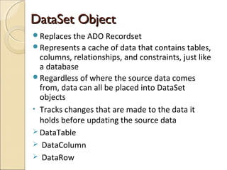 DataSet ObjectDataSet Object
Replaces the ADO Recordset
Represents a cache of data that contains tables,
columns, relationships, and constraints, just like
a database
Regardless of where the source data comes
from, data can all be placed into DataSet
objects
• Tracks changes that are made to the data it
holds before updating the source data
 DataTable
 DataColumn
 DataRow
 