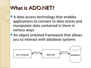 What is ADO.NET?What is ADO.NET?
A data-access technology that enables
applications to connect to data stores and
manipulate data contained in them in
various ways
An object oriented framework that allows
you to interact with database systems
 