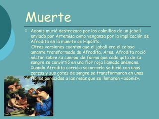 Muerte Adonis murió destrozado por los colmillos de un jabalí enviado por Artemisa como venganza por la implicación de Afrodita en la muerte de Hipólito. Otras versiones cuentan que el jabalí era el celoso amante transformado de Afrodita, Ares. Afrodita roció néctar sobre su cuerpo, de forma que cada gota de su sangre se convirtió en una flor roja llamada anémona. Cuando Afrodita corrió a socorrerle se hirió con unas zarzas y sus gotas de sangre se transformaron en unas flores parecidas a las rosas que se llamaron «adonis».