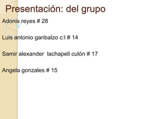 Presentación: del grupo
Adonis reyes # 28
Luis antonio ganbalzo c:l # 14
Samir alexander lachapell culón # 17
Angela gonzales # 15
 