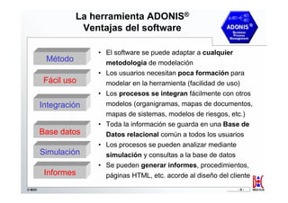 La herramienta ADONIS®
                   Ventajas del software

                      • El software se puede adaptar a cualquier
         Método         metodología de modelación
                      • Los usuarios necesitan poca formación para
         Fácil uso      modelar en la herramienta (facilidad de uso)
                      • Los procesos se integran fácilmente con otros
        Integración     modelos (organigramas, mapas de documentos,
                        mapas de sistemas, modelos de riesgos, etc.)
                      • Toda la información se guarda en una Base de
        Base datos      Datos relacional común a todos los usuarios
                      • Los procesos se pueden analizar mediante
        Simulación      simulación y consultas a la base de datos
                      • Se pueden generar informes, procedimientos,
         Informes       páginas HTML, etc. acorde al diseño del cliente
© BOC                                                             -5-
 
