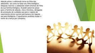 Adoção plena: o adotando torna-se filho dos
adotantes, tal como se fosse seu filho biológico.
Adopção restrita: o adotando retém direitos de filho
da sua família biológica. O poder paternal passa
para a família de adoção, mas a herança, obrigação
de prestação de cuidados aos pais e registo de
nascimento (entre outros) permanece em ligação
aos pais biológicos. É igualmente proibido mudar o
nome da criança por completo.
 