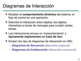 Diagramas de Interacción Modelan el  comportamiento dinámico  del sistema; el flujo de control en una operación. Describe la interacción entre objetos; los objetos interactúan a través de mensajes para cumplir ciertas tareas.  Las interacciones provee un “comportamiento” y  típicamente implementan un Caso de Uso . Existen dos tipo de diagramas de interacción en UML: Diagramas de Secuencia   (dimensión temporal) Diagramas de Colaboración   (dimensión estructural) 