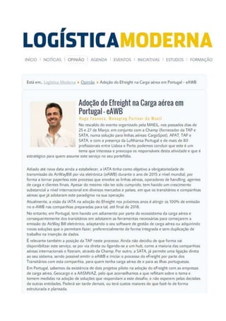 Adopcao eFreight Portugal - Artigo Opinião Logística Moderna